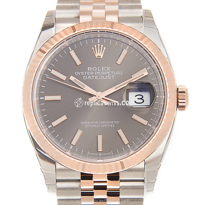 Rolex DATEJUST Replica - Automatic - 18kt Rose Gold & Steel - Gray Dial, Gold Clasp & Gold Strap