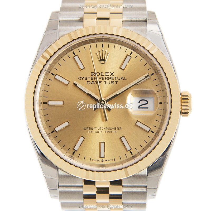 Rolex DATEJUST Replica - Automatic - 18kt Gold & Steel - Gold Dial - Gold Clasp