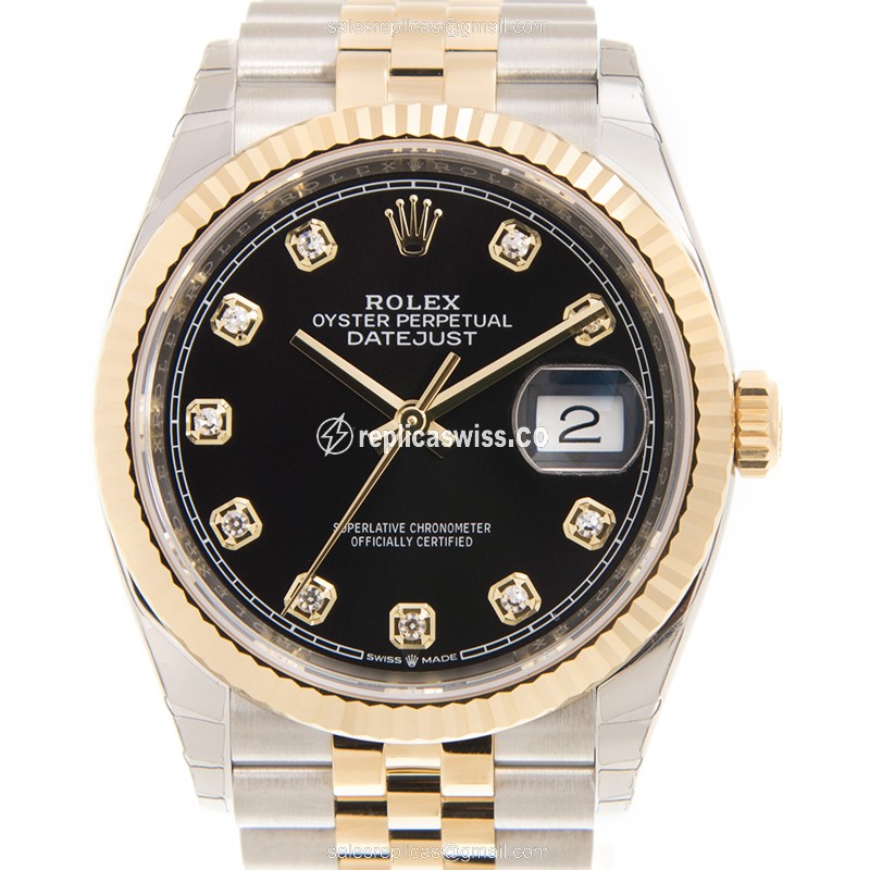 Rolex DATEJUST Replica - 18kt Gold/Steel - Automatic - Black Dial, Gold Clasp & Strap