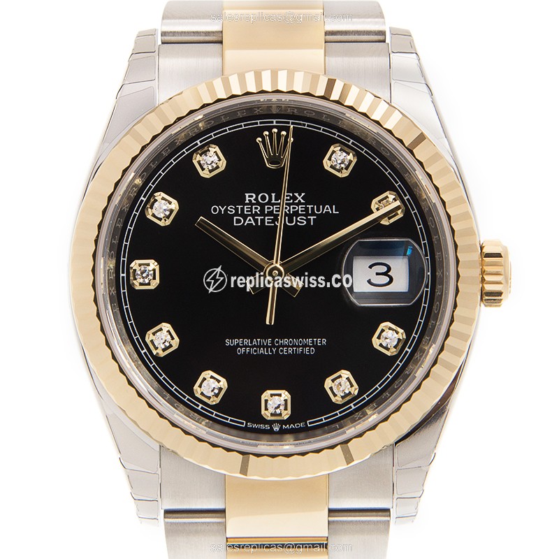 Rolex DATEJUST Replica - Automatic - 18kt Gold & Steel - Black Dial, Gold Clasp