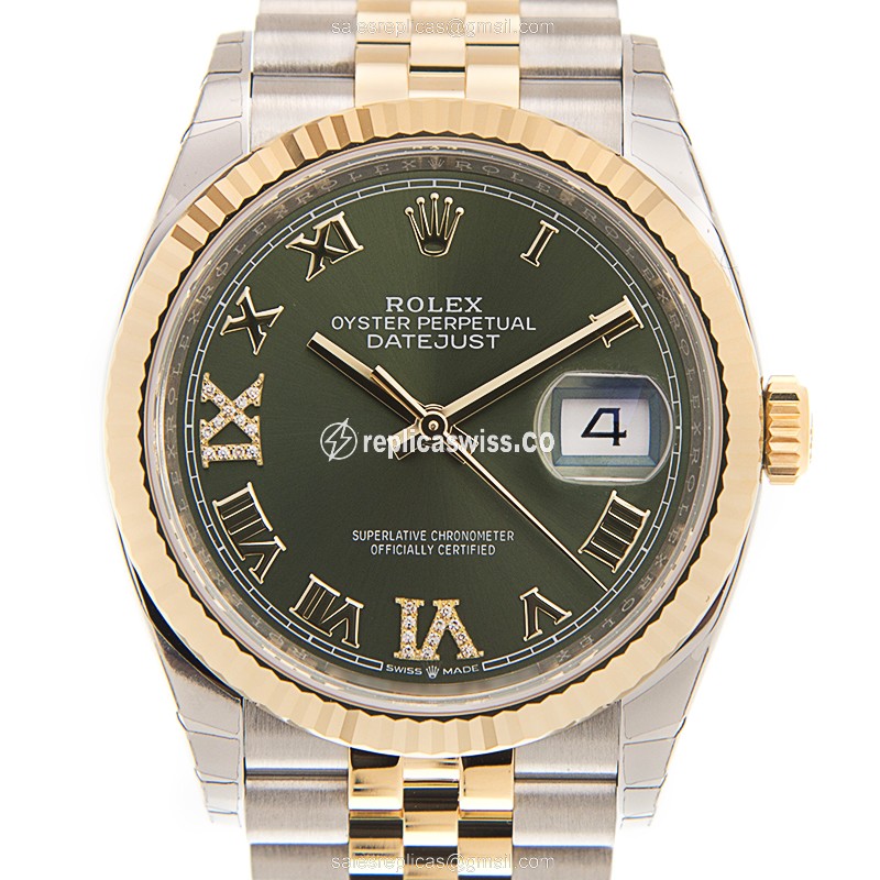 Rolex DATEJUST Replica - Automatic - 18kt Gold & Steel - Green Dial - Gold Clasp