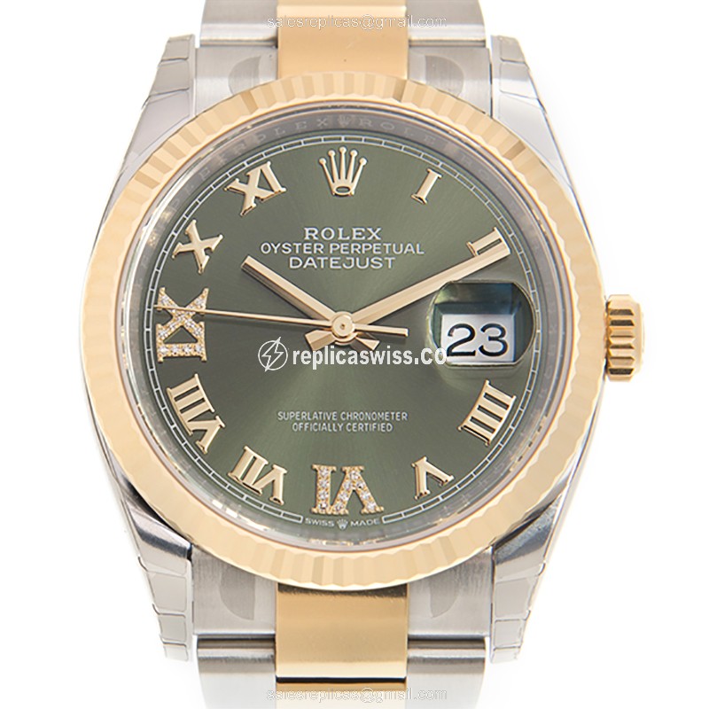 Rolex DATEJUST Replica - Automatic | 18kt Gold & Steel | Green Dial | Clasp - Gold Strap
