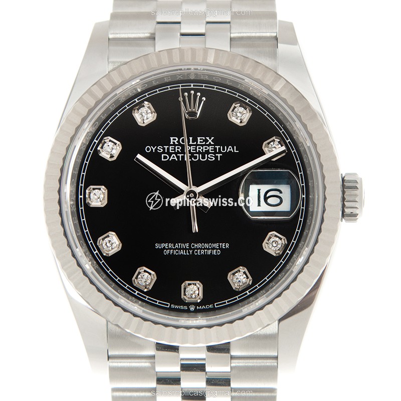 Rolex Datejust Replica - Automatic - 18kt White Gold & Steel - Black Dial on Silver Steel Strap