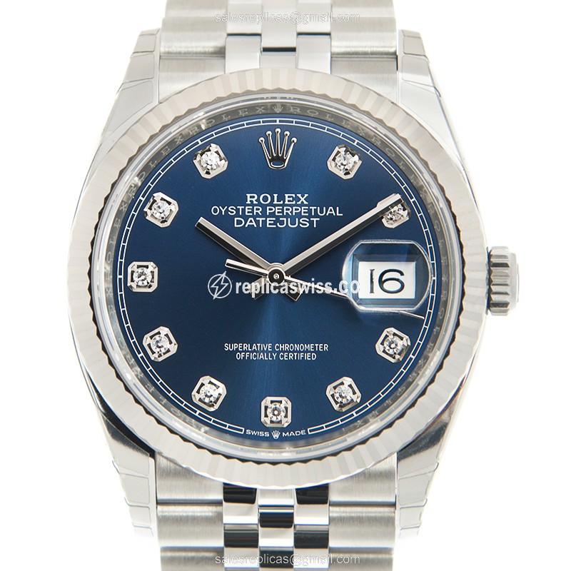 Rolex Datejust Replica - Automatic - White Gold - Blue Dial - Steel Clasp & Silver Strap