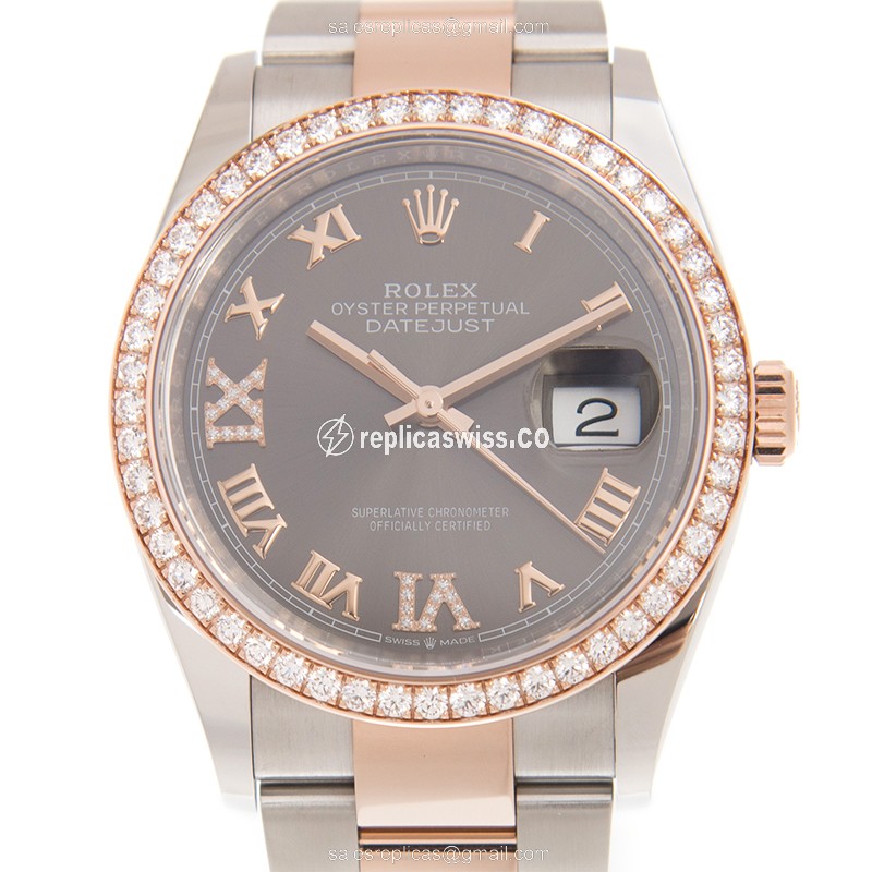 Rolex Datejust Replica - Automatic - 18kt Rose Magic - Diamond Case - Gray Dial
