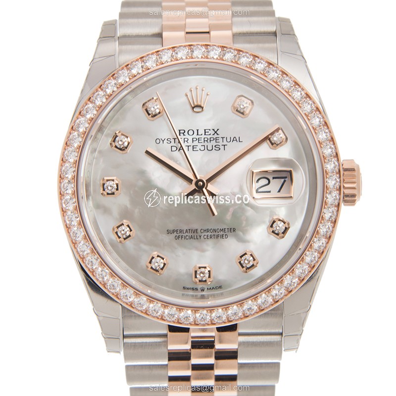 Rolex Datejust Replica - Automatic - 18kt Rose Gold Case - White Dial on Gold Strap