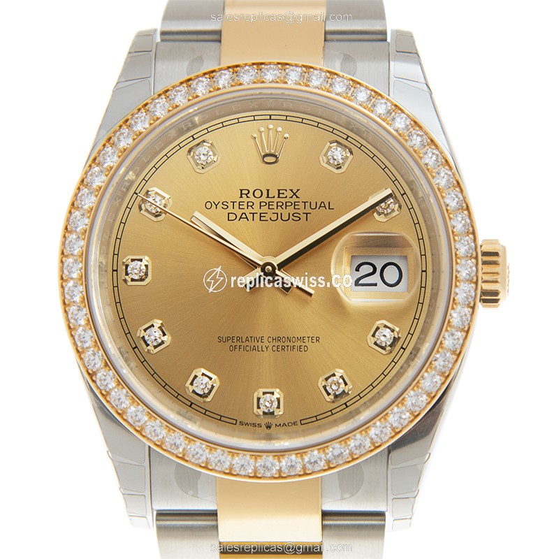 Rolex DATEJUST Replica: 18kt Gold Case, Diamond Accents - Automatic, Gold & Steel Band