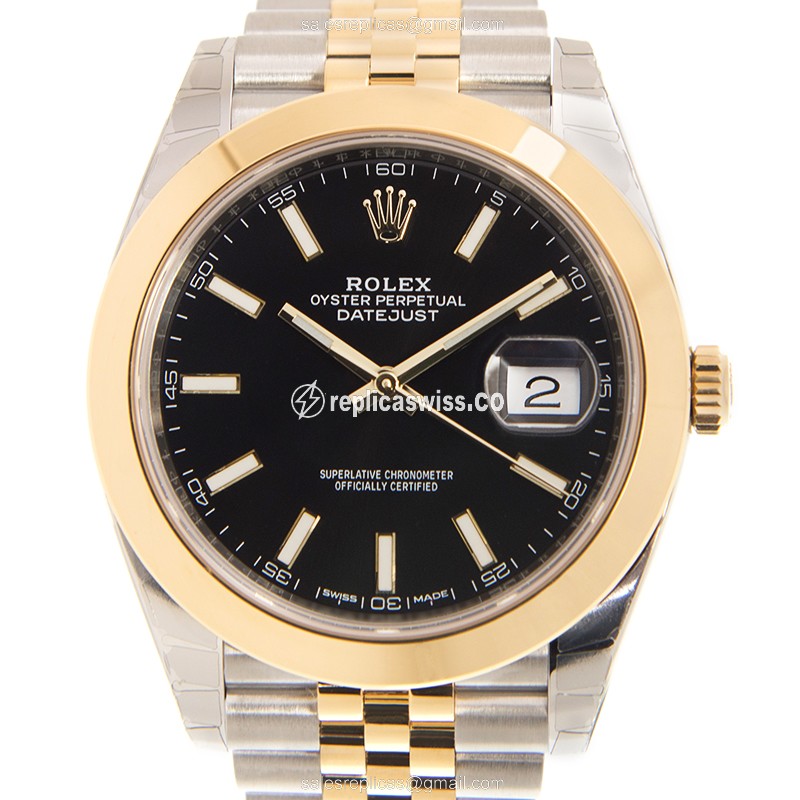 Rolex Datejust Replica - Automatic - 18kt Gold Case - Black Dial, Gold Clasp & Steel Strap