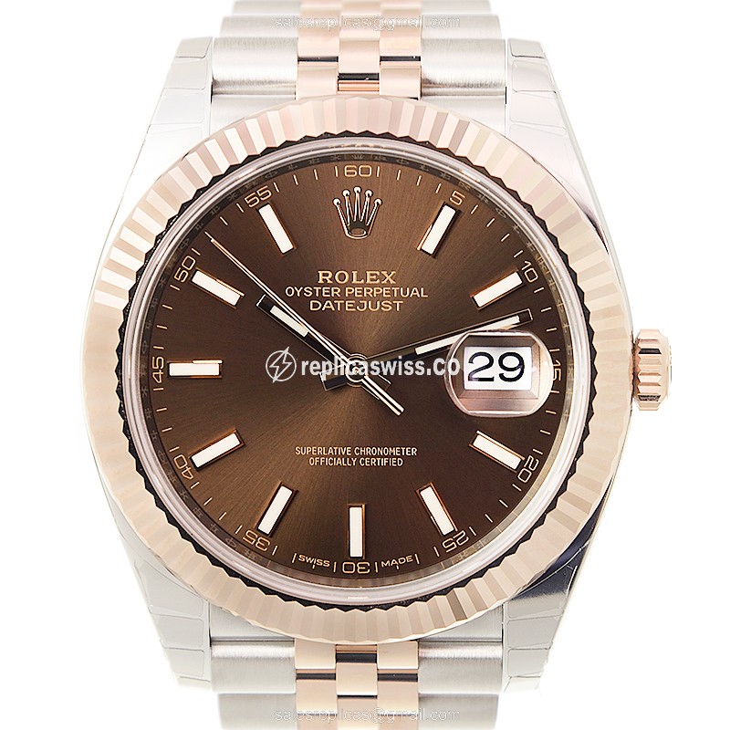 Rolex DATEJUST Replica - Automatic - 18kt Rose Gold & Steel - Brown Dial - Gold Strap
