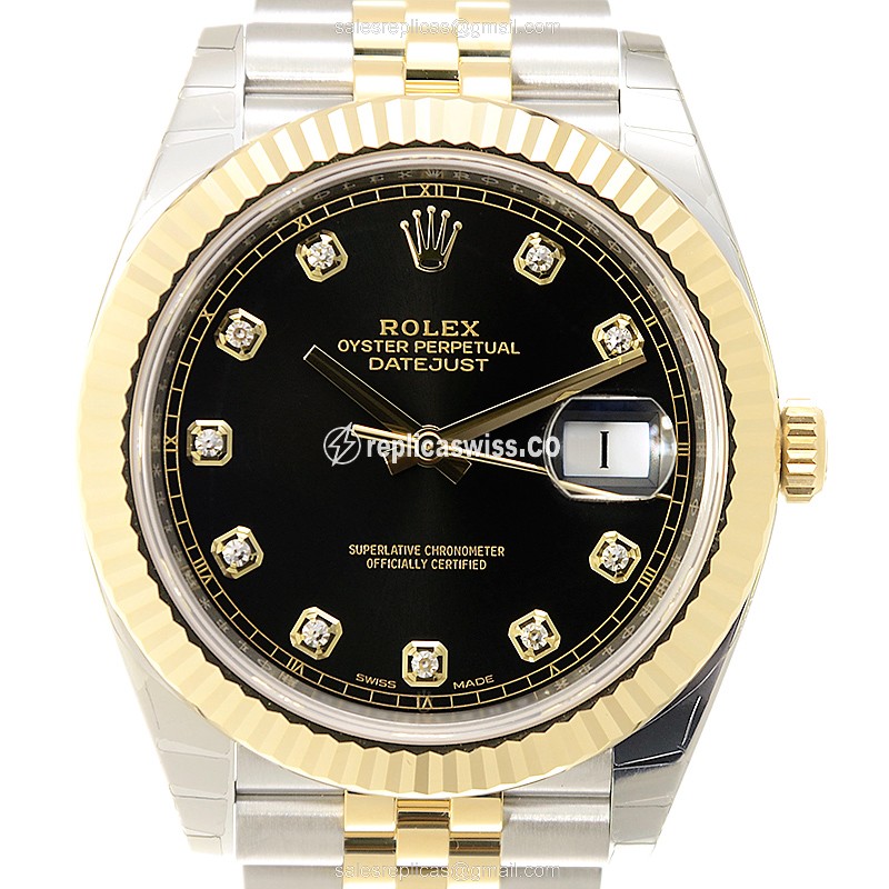 Rolex DATEJUST Replica - Automatic - 18kt Gold & Steel - Black Dial, Gold Clasp