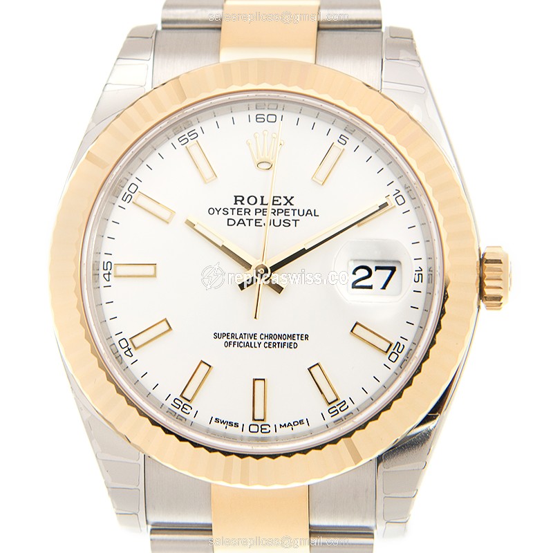 Rolex DATEJUST Replica - Automatic - 18kt Gold & Steel Case - White Dial on Gold Strap