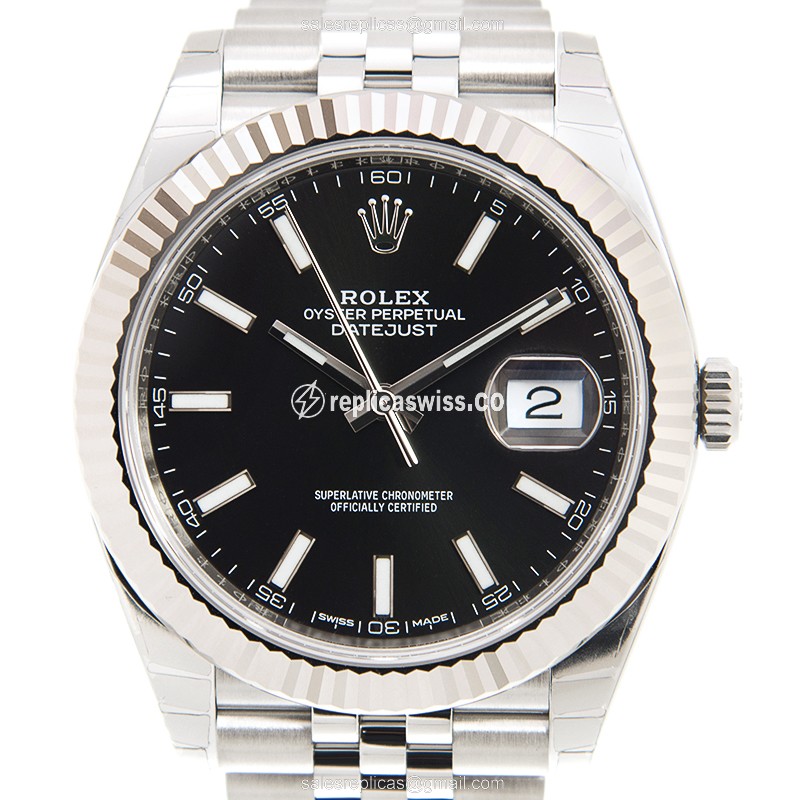 Rolex DATEJUST Replica - Automatic - 18kt White Gold & Steel - Black Dial on Silver Steel Strap