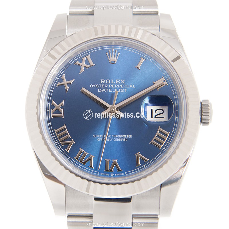 Rolex DAY-DATE Replica - Automatic | 18kt White Gold & Steel | Blue Dial | Clasp | Silver Steel Strap