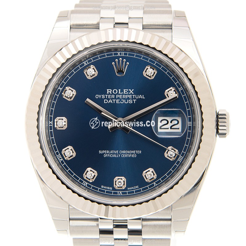 Rolex DATEJUST Replica - Automatic - White Gold - Blue Dial, Steel Clasp & Silver Strap