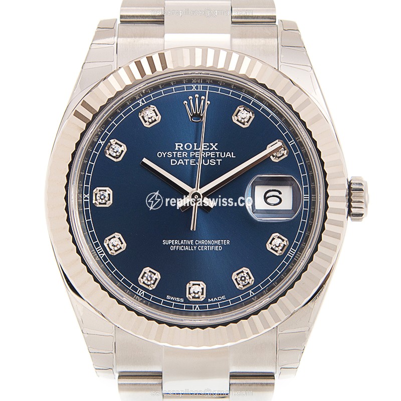 Rolex DATEJUST Replica - Automatic - White Gold & Steel - Blue Dial, Steel Clasp & Silver Strap