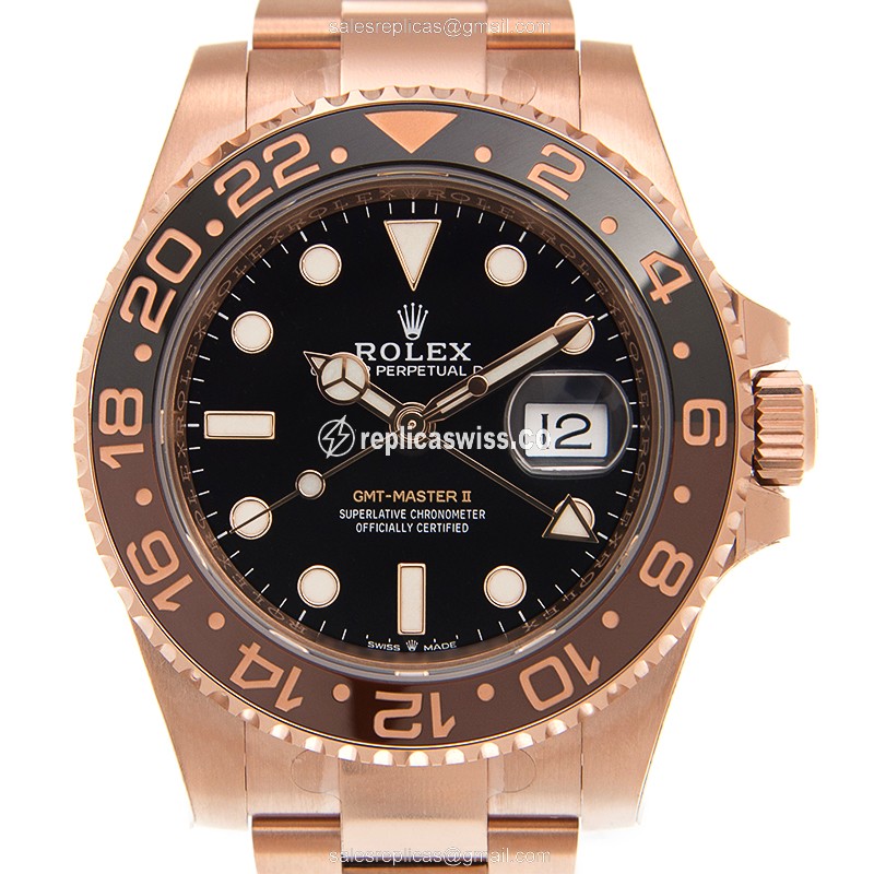 Rolex GMT Master II Replica - Automatic - 18kt Gold - Black Dial, Gold Clasp - Luxury Replica GMT-MASTER II Watch