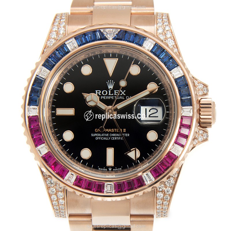 Rolex GMT-MASTER II Replica - Automatic - 18kt Rose Gold - Diamond Dial - Black - 40mm - Luxury Replica GMT-MASTER II Watch