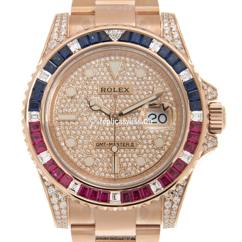 Rolex GMT-MASTER II Replica - Automatic - Rose Gold Case - Black Dial on Gold Strap
