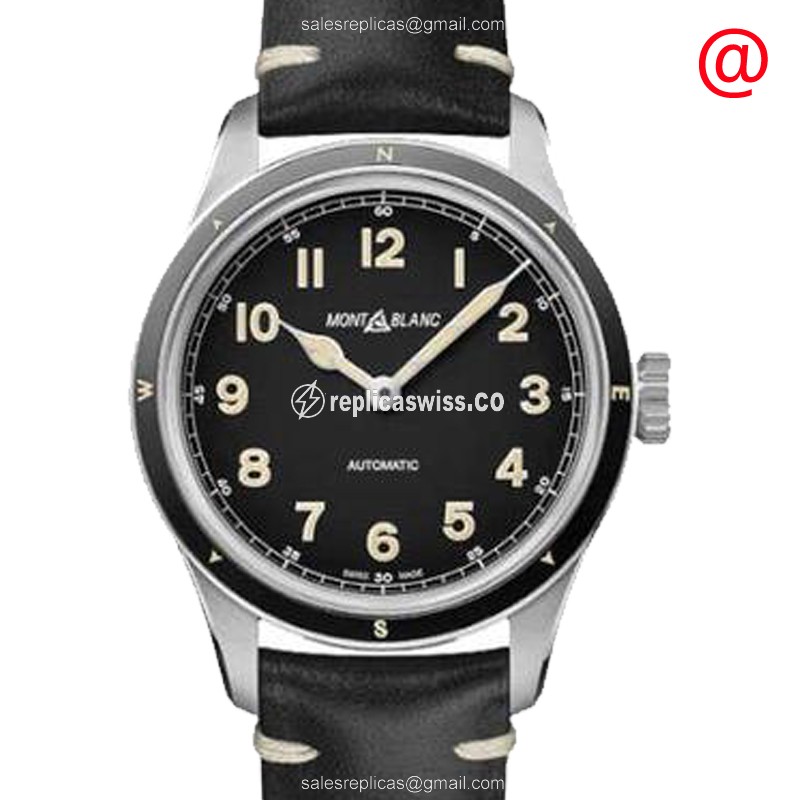 Mont Blanc 1858 Automatic - Steel Case - Black Dial - Leather Strap - Buckle Clasp - Luxury Replica 1858 Watch