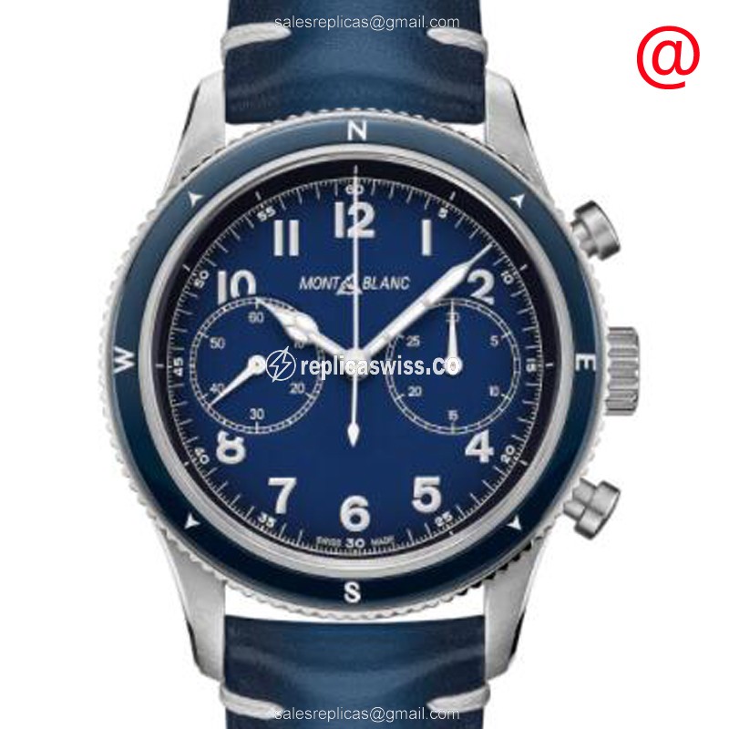 Mont Blanc 1858 Automatic - Blue Dial - Leather Blue Strap - Buckle Clasp - Luxury Replica 1858 Watch