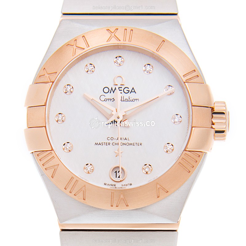 Omega Constellation Replica - Automatic - 18kt Rose Gold & Steel - Silver Dial - Gold Strap