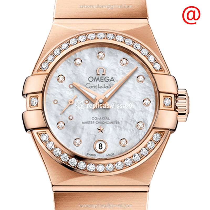 Omega Constellation Replica - Automatic - 18kt Rose Gold - Diamond Bezel - White Dial - Gold Strap