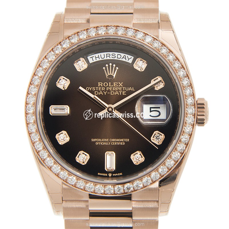 Rolex DAY-DATE Replica | Automatic | 18kt Rose Gold Case | Diamonds on Brown Dial