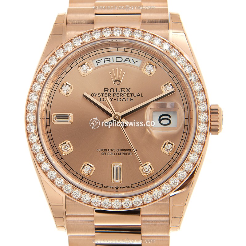 Rolex DAY-DATE Replica - 18kt Rose Gold - Automatic - Pink Dial - Diamond Clasp