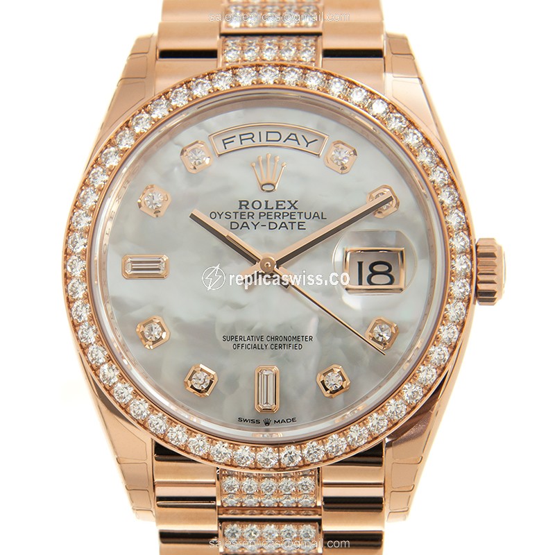 Rolex DAY-DATE Replica - Automatic - 18kt Rose Gold Case - White Dial on Gold Diamond Strap