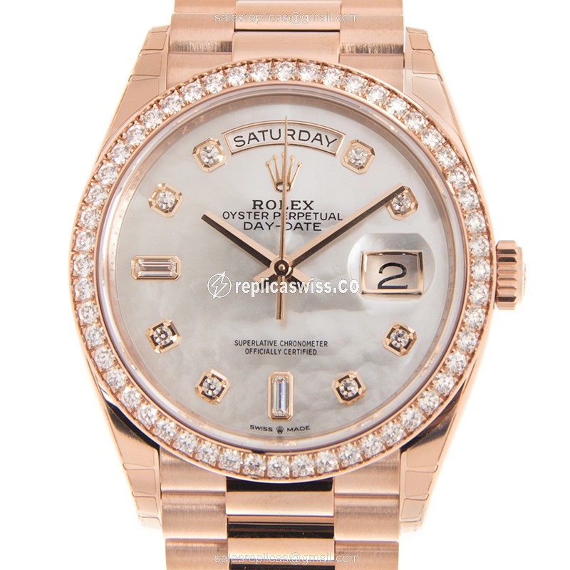 Rolex DAY-DATE Replica - Automatic - 18kt Rose Gold Case - White Dial, Gold Strap
