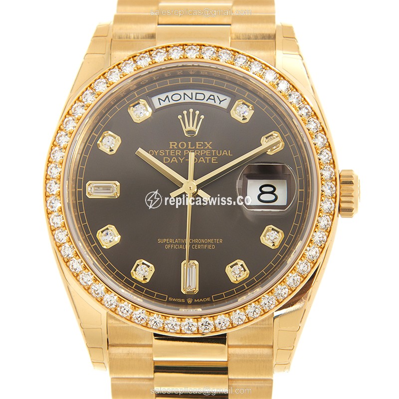 Rolex DAY-DATE Replica - 18kt Gold & Diamond - Automatic, Dark Grey Dial