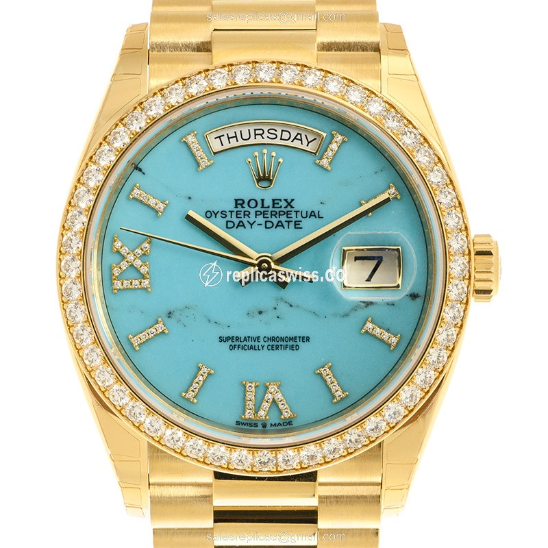 Rolex Day-Date Replica - Automatic - 18kt Gold Case & Blue Dial - Diamond Clasp