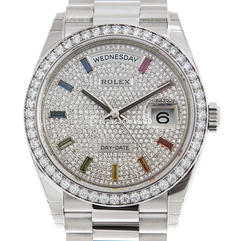 Rolex DAY-DATE Replica - Automatic - 18kt White Gold Case - Silver Dial - Diamond Clasp