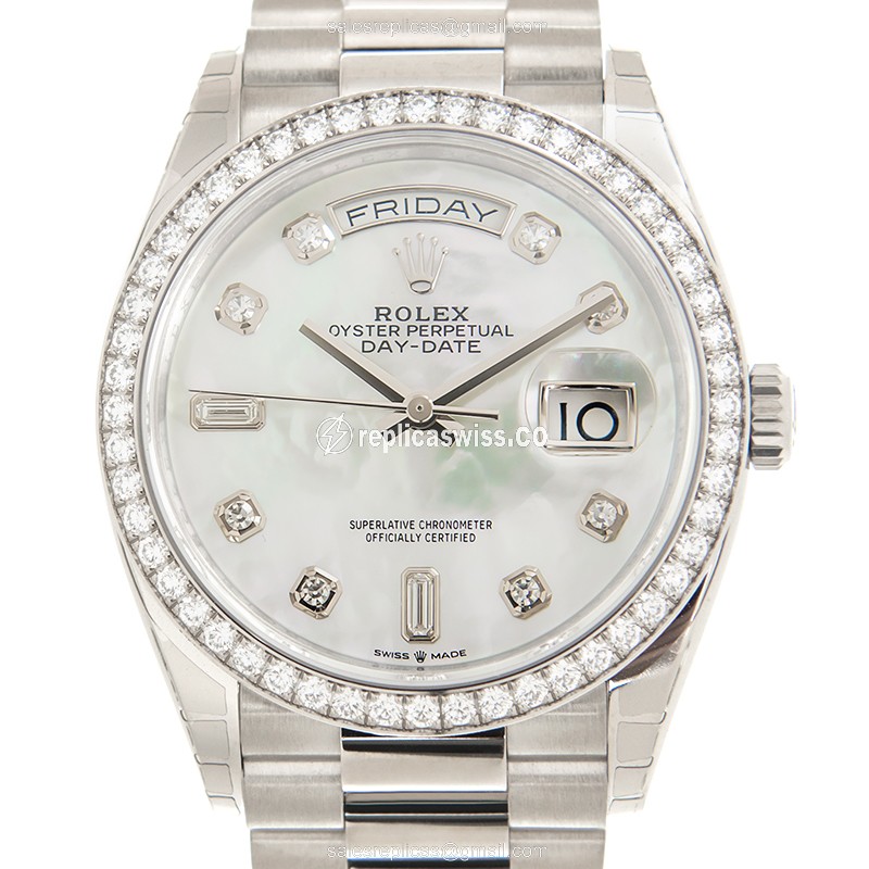 Rolex Day-Date Replica - Automatic - 18kt White Gold - Diamond Dial - Silver Clasp - Luxury Replica DAY-DATE Watch