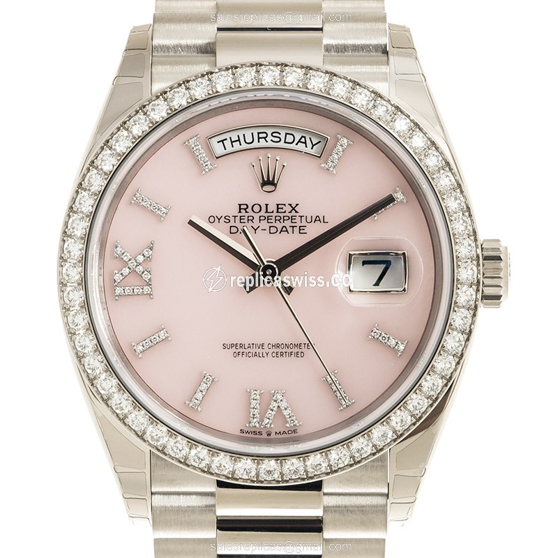 Rolex DAY-DATE Replica - Automatic - 18kt White Gold - Pink Dial - Diamond - Silver Clasp - Luxury Replica DAY-DATE Watch