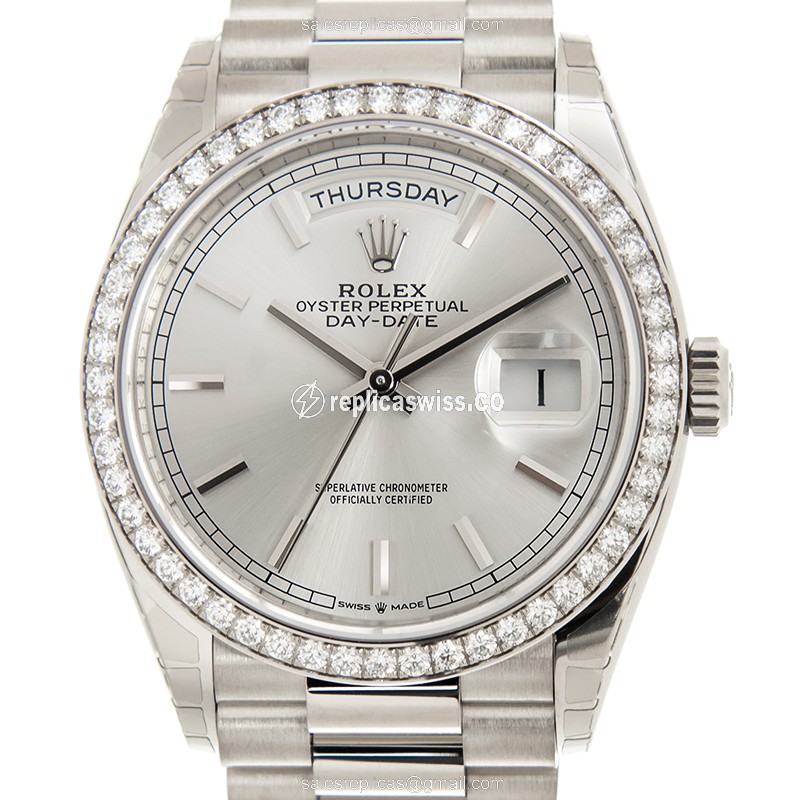 Rolex DAY-DATE Replica - Automatic - White Gold Case - Diamond Bezel - Silver Dial