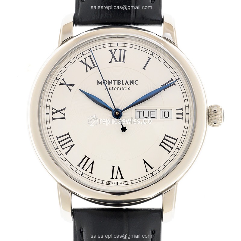 Mont Blanc 128686 Auto - Steel Case - White Dial - Black Cowhide - Buckle Clasp - Luxury Mont Blanc Watch