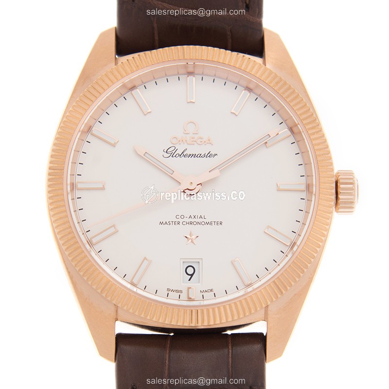 Omega Constellation Replica - Automatic 18kt Rose Gold - White Dial - Brown Leather Strap