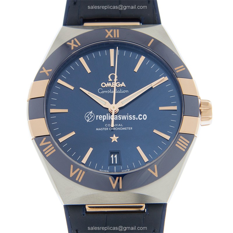 Omega Constellation Replica - Automatic - 18kt Rose Gold & Steel - Blue Dial - Alligator Blue Strap - Luxury Replica CONSTELLATION Watch