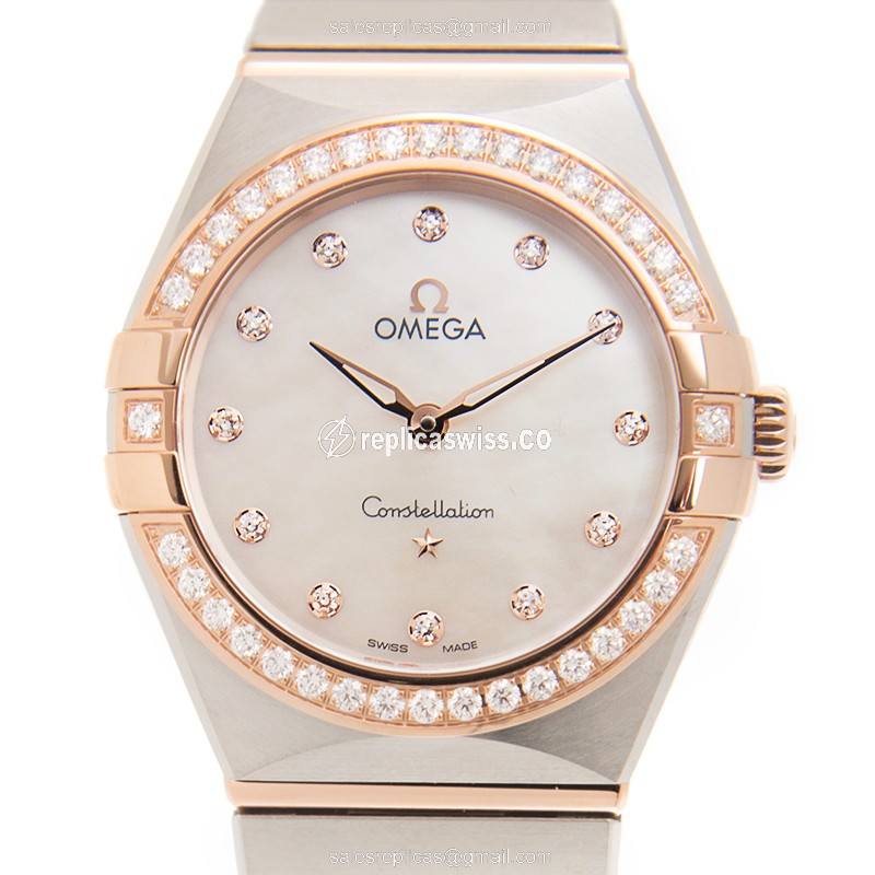 Omega Constellation Replica - Quartz - 18kt Rose - Diamond - White Dial - Gold Clasp - Steel Strap - Luxury Replica CONSTELLATION Watch