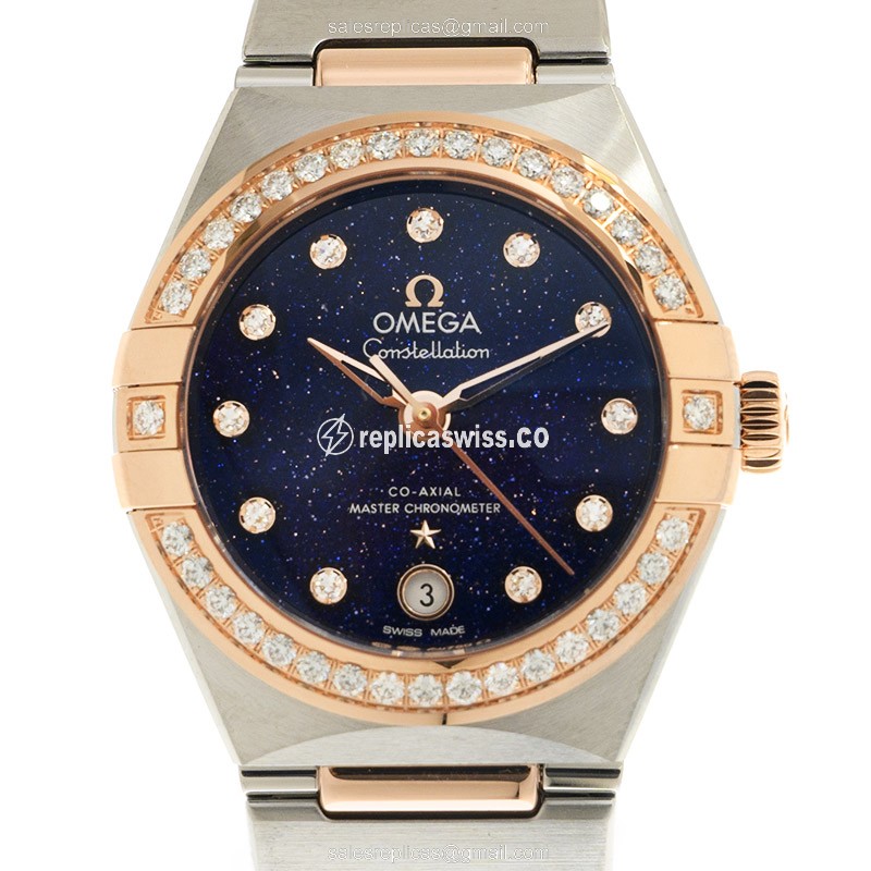 Omega Constellation Replica - Automatic - 18kt Rose Gold - Blue Dial - Diamond - Gold Clasp & Steel Strap - Luxury Replica CONSTELLATION Watch