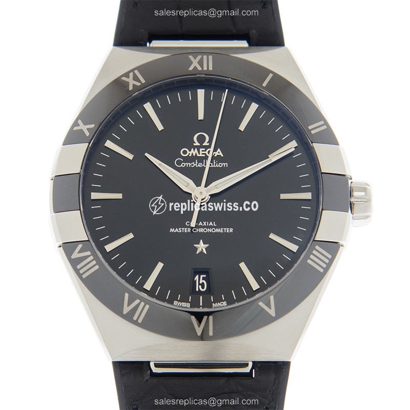 Omega Constellation Replica - Automatic - Steel - Black Dial - Leather Strap - Black Clasp - Luxury Replica CONSTELLATION Watch