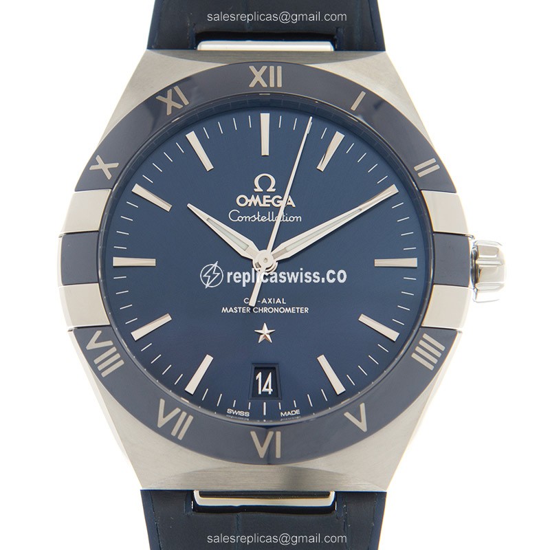 Omega Constellation Replica - Automatic - Steel Case - Blue Dial - Blue Leather Strap - Luxury Replica CONSTELLATION Watch