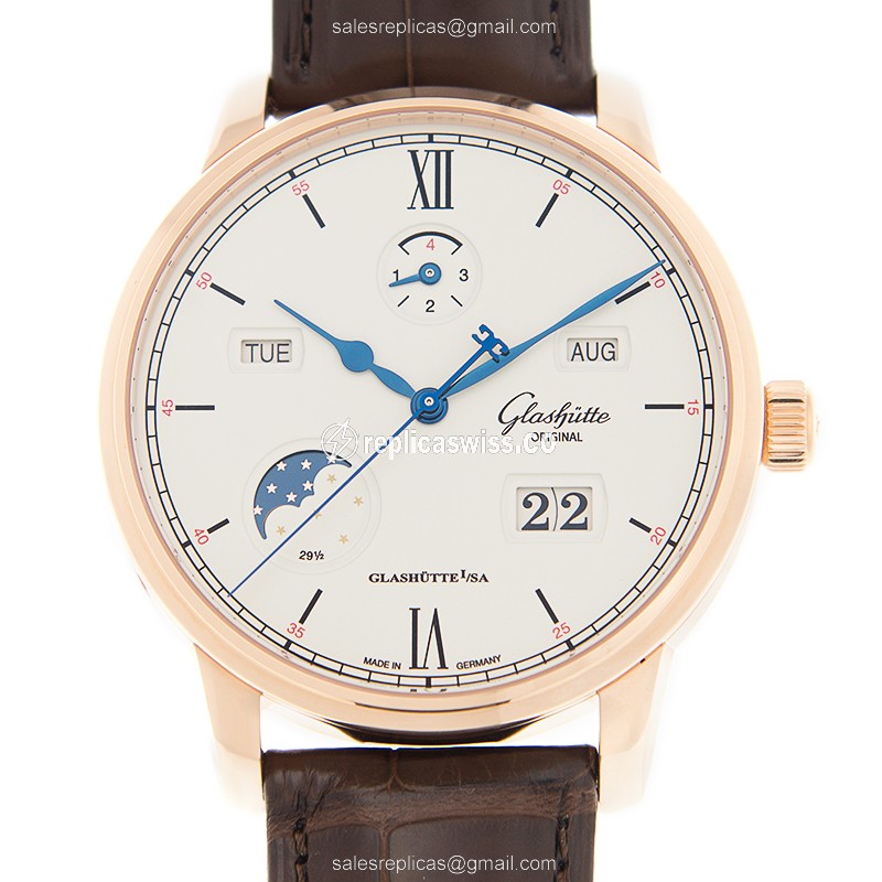 Glashutte Senator Replica - Manual Winding - Skeletonized - 18kt Rose Gold - White Dial - Brown Alligator Strap