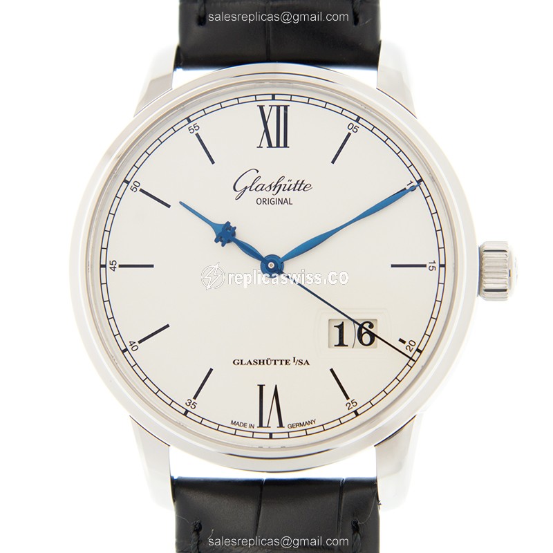 Glashutte Senator Panorama Date Replica - Automatic - Steel Case - White Dial - Black Alligator Strap
