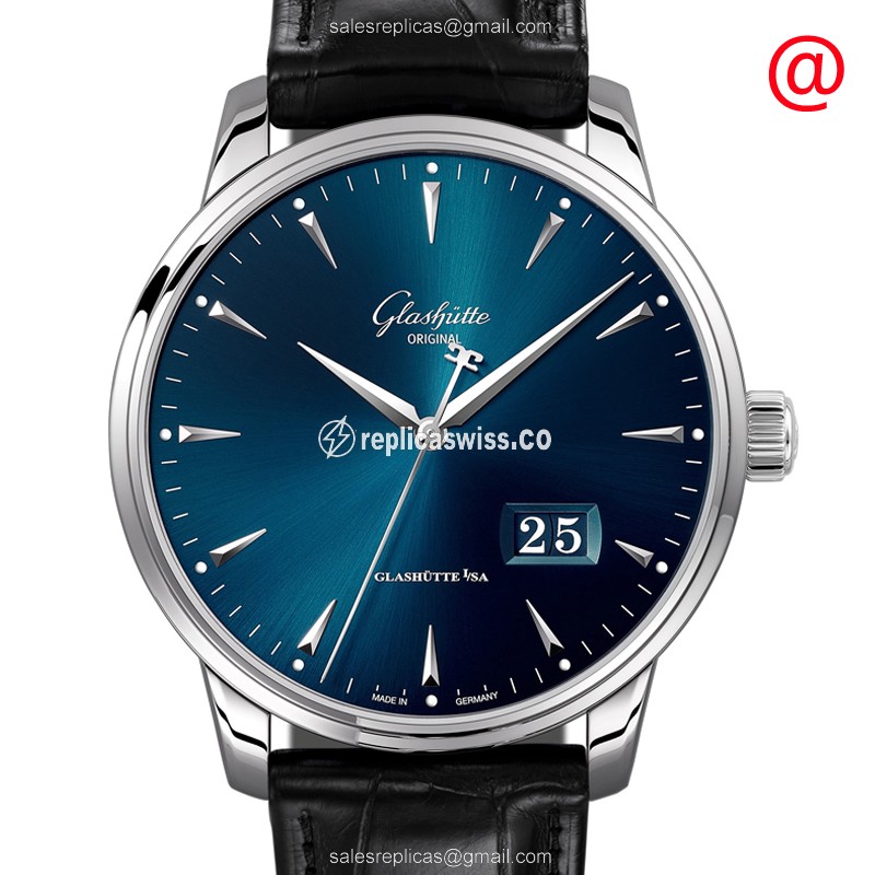 Glashutte Senator Panorama Date - Automatic - Blue Dial - Steel Case - Alligator Black Strap - Luxury Replica SENATOR PANORAMA DATE Watch