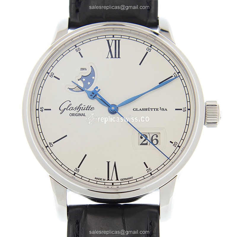 Glashutte Senator Automatic - Skeletonized - Steel Case - White Dial - Black Alligator Strap