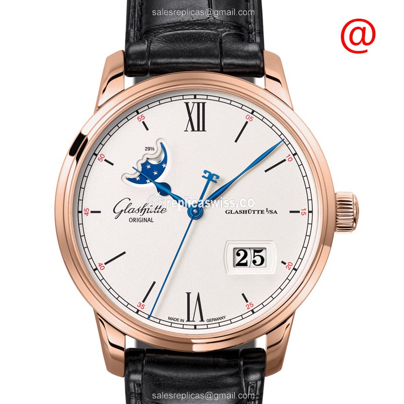 Glashutte Senator Manual Winding Skeletonized Replica - 18kt Gold - Silver Dial - Alligator Black Buckle - Luxury Replica SENATOR MANUAL WINDING SKELETONIZED Watch