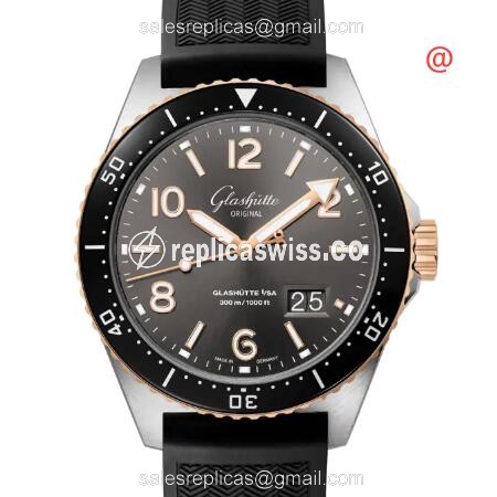 Glashutte SEAQ Panorama Date Replica - Auto - 18kt Rose Gold & Steel Case - Gray Dial - Black Rubber Strap