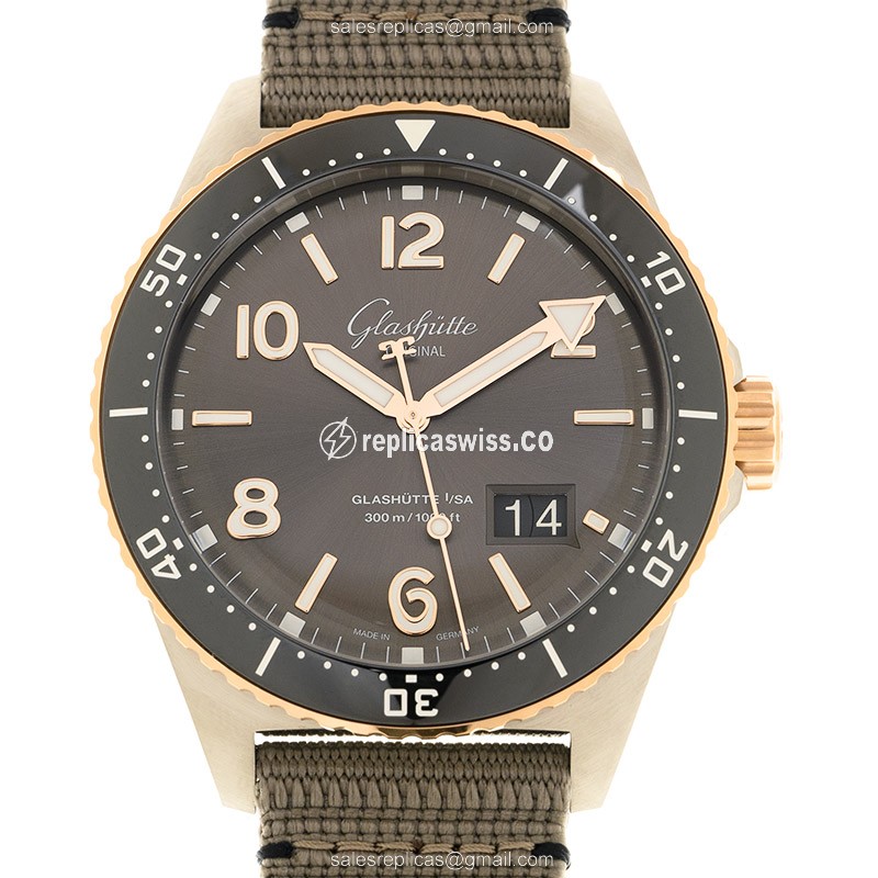 Glashutte Senator Panorama Date Replica - Automatic - 18kt Rose Gold & Steel - Gray Dial - Canvas Strap